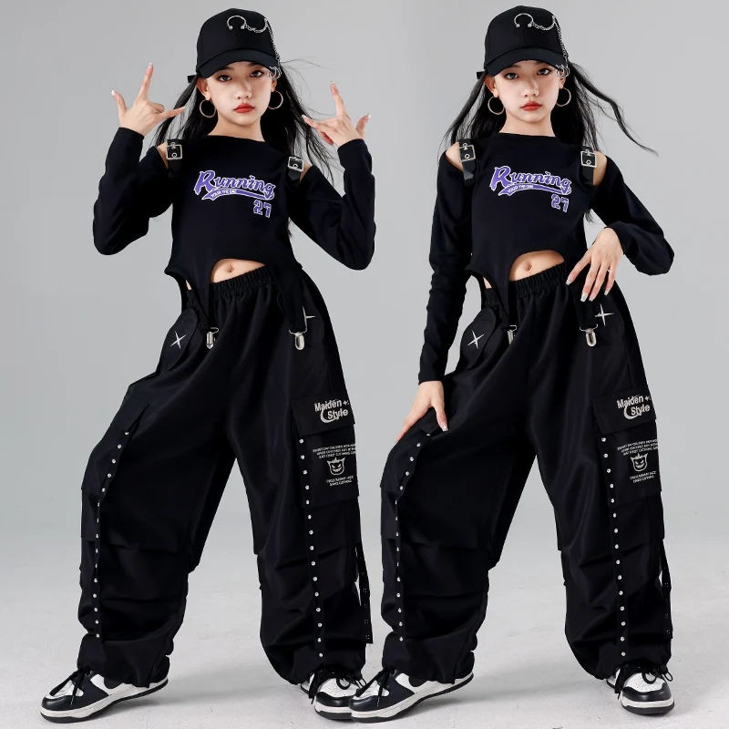 Black Hip Hop Dance Set Girls Cool Jazz Dance Clothing Children Street Dance Costume Fashion Casual Wear Tops Pocket Pants 1239