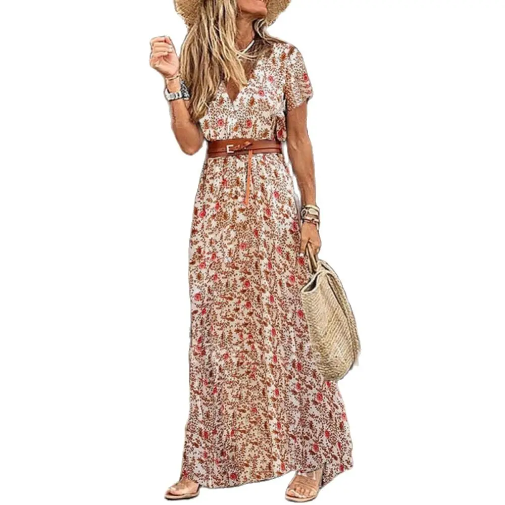 

Women Dress V Neck Short Sleeve Paisley Print Belt Large Hem Long Dress Autumn vestidos para mujer