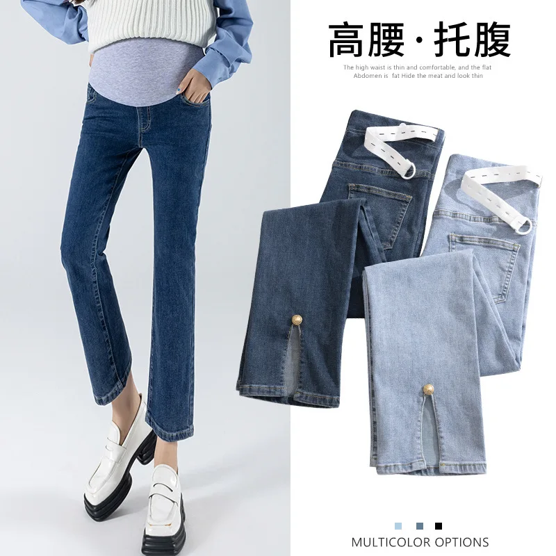 Maternity Stretch Slit Jeans Straight Leg Pants Wide Leg Pants Denim Maternity Pants 2022