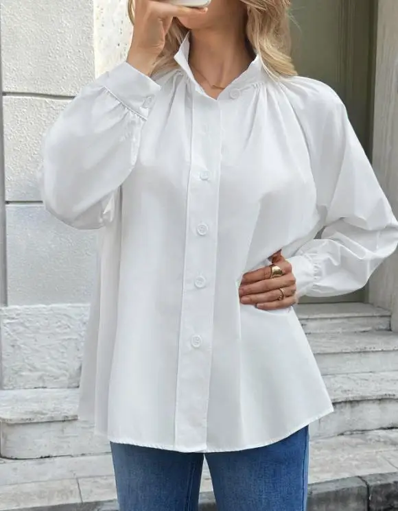 

Casual Women's Shirt Solid Color High Neck Loose Button Front Lantern Sleeves Suitable for Daily Commuting Long Sleeved Shirt