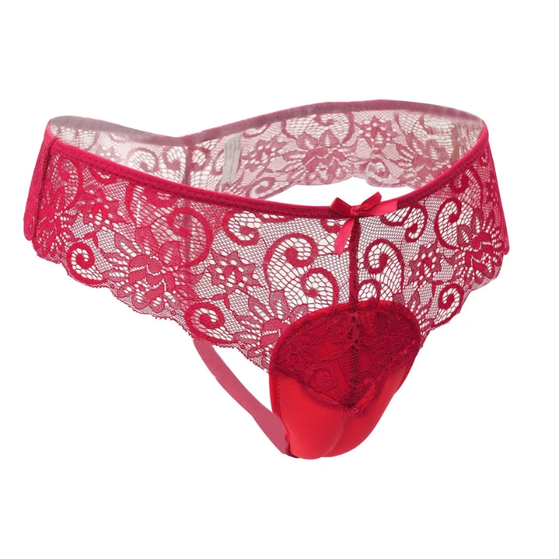 Men Camel Toe Underwear ﻿Sexy Lace Embroidery Low-Rise Crossdresser Briefs Sissy Lingerie Hiding Gaff Invisible G String Thongs