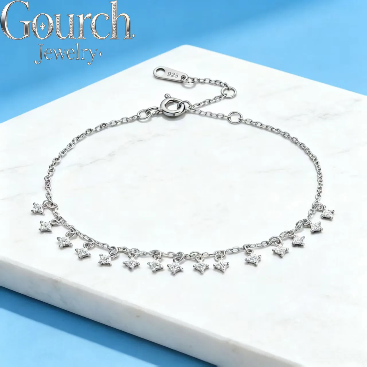 Gourch Full 2mm Round Cut D Color VVS1 Real Moissanite Bracelet 925 Sterling Silver Women Fine Jewelry 14K White Gold Plated