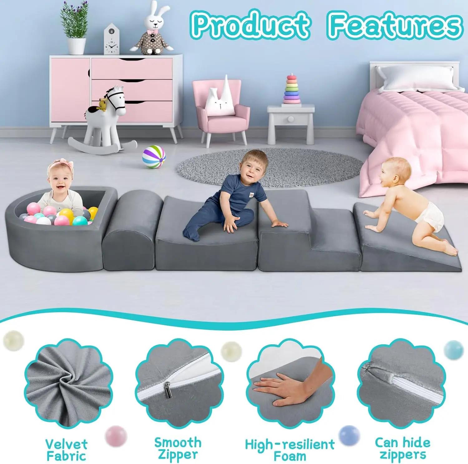 유아용 소프트 플레이 클라이밍 장난감, 5개 폼 클라이밍 블록 및 볼풀 (유아용), 어린이 아기 클라이밍 블록 폼 실내 놀이