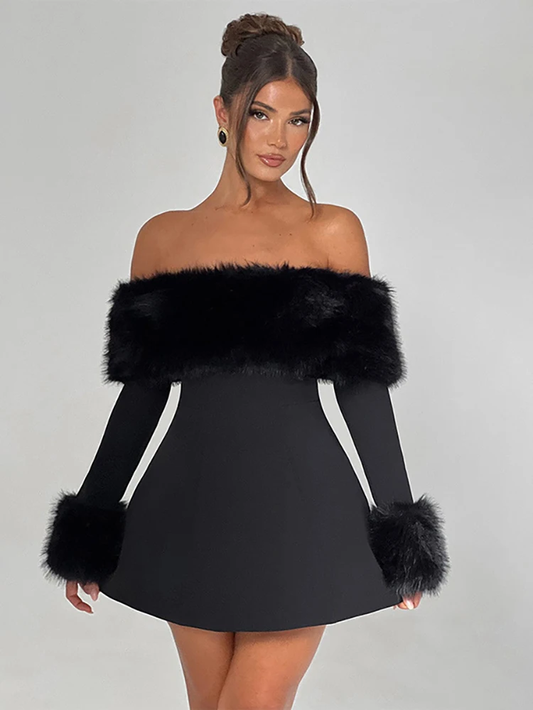 

JULISSA MO Sexy Off Shoulder Feather Collar Women Dress Black Long Sleeve A-line Dress Female Winter Slim Elegant Party Clubwear