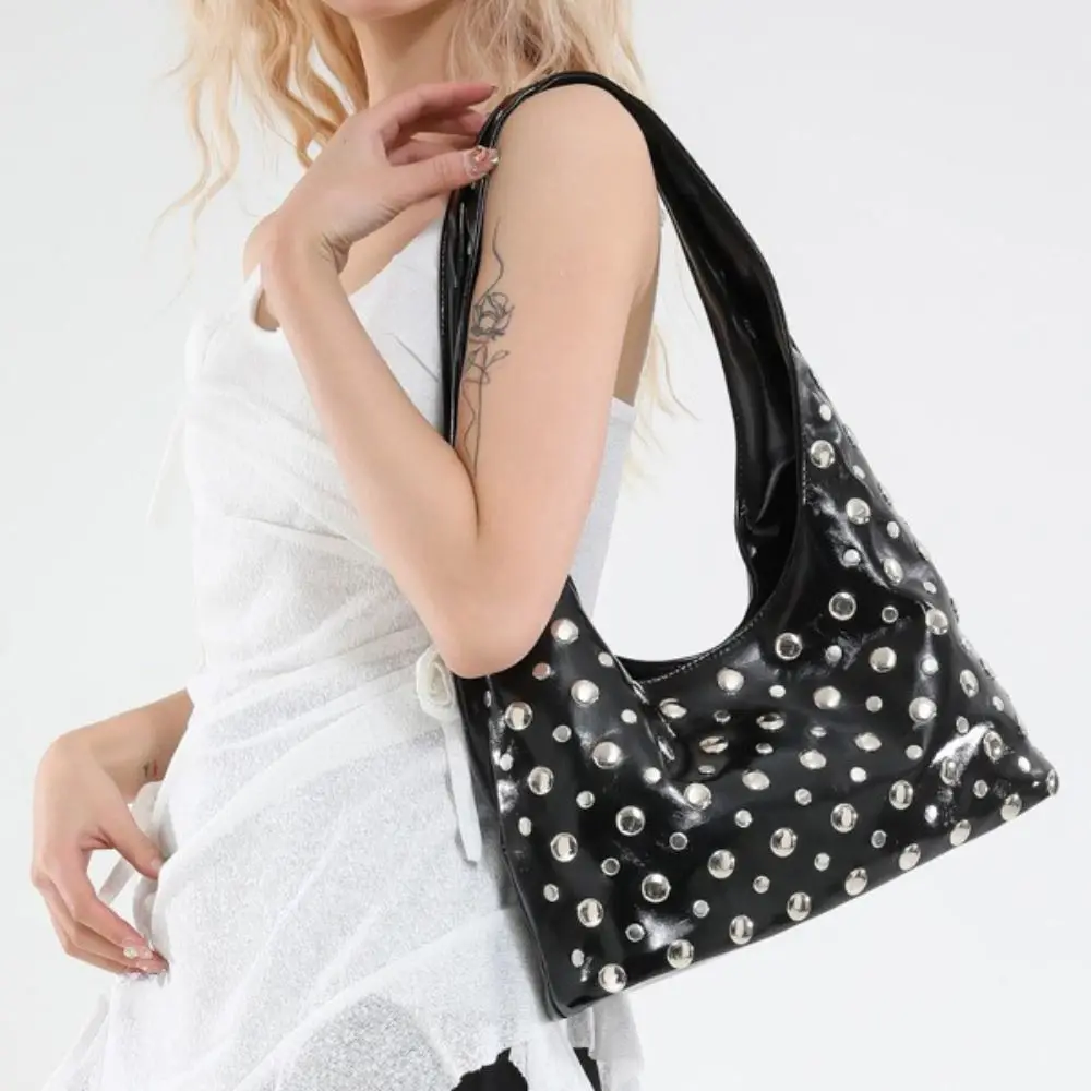 

Fashion Metal Stud Rivet Shoulder Bag Spicy Girl Sweet Cool Underarm Bag Punk Style Handbag Bucket Bag Lady