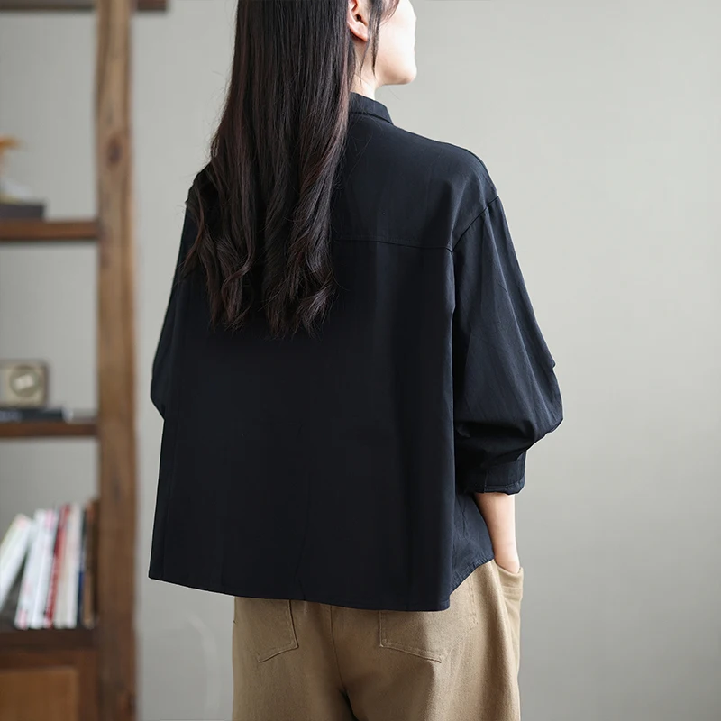 

Loose Fit Long Sve Embroidery irt Versatile plus Size Women's Sle Cotton Pure Color Button down Casual irt