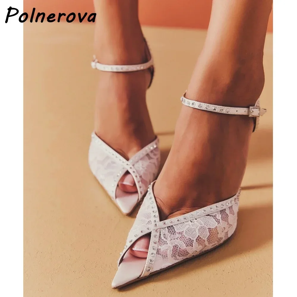 Lace Rhinestone Sandals Slingback White Black Peep Pointy Toe Ankle Band Women\'s Shoes Elegant Summer Solid Party Shoes 2025 - view 3