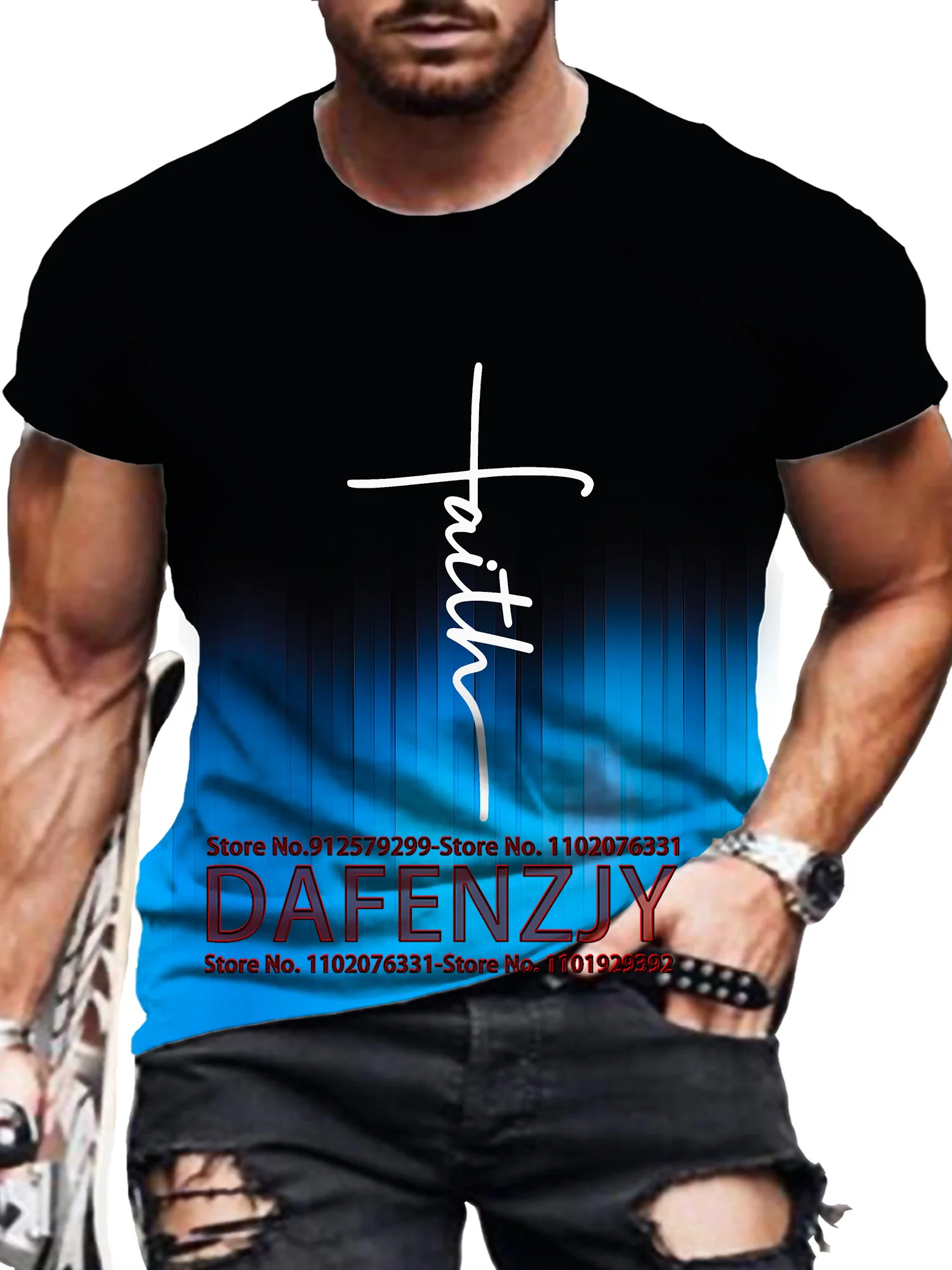 

2024 New Men's Casual T-Shirt Splicing Color Novelty Faith 3D Digital Printing Vintage Summer Daily Top Outdoor Travel Party