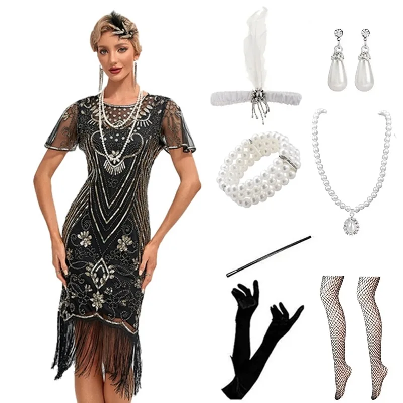 Sexy Sequin Tassel Dress Set with See-through Sleeve And Retro 1920s Design Perfect for Parties Short Skirt Evening Gown