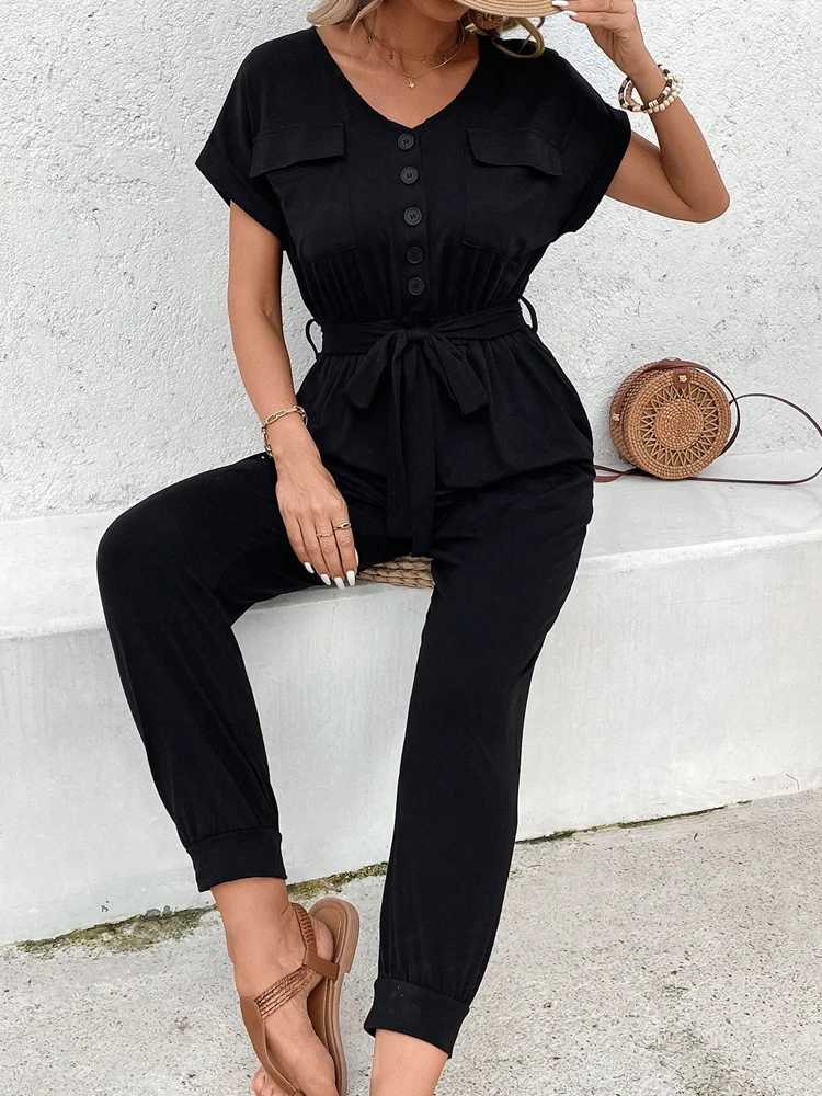 

JIM & NORA Summer hot new solid color basic jumpsuit pants V-neck strap high waist casual jumpsuit