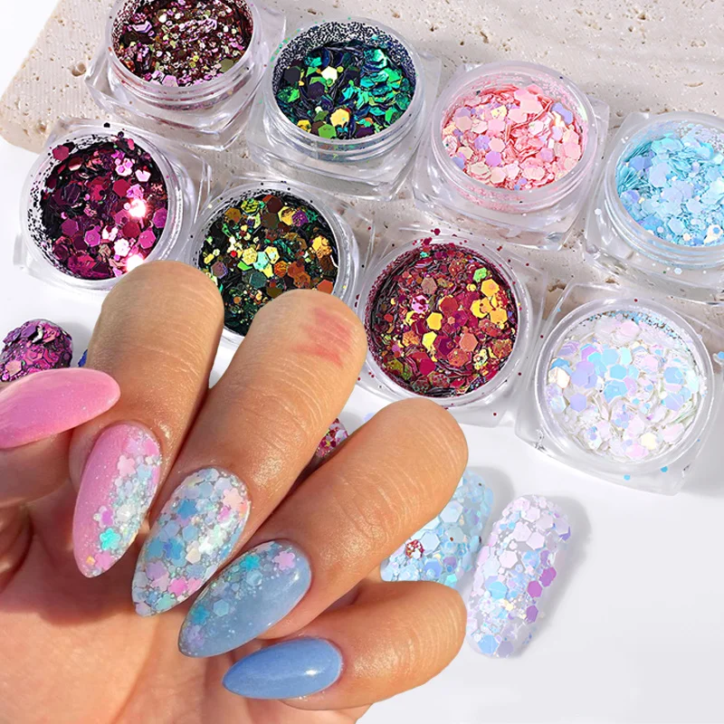 1 Box Mixed Hexagon Sequins Nail Art 3D Holo Iridescent Dipping Flakes Glitter Nail Art Powder Holographic Manicure Accessories