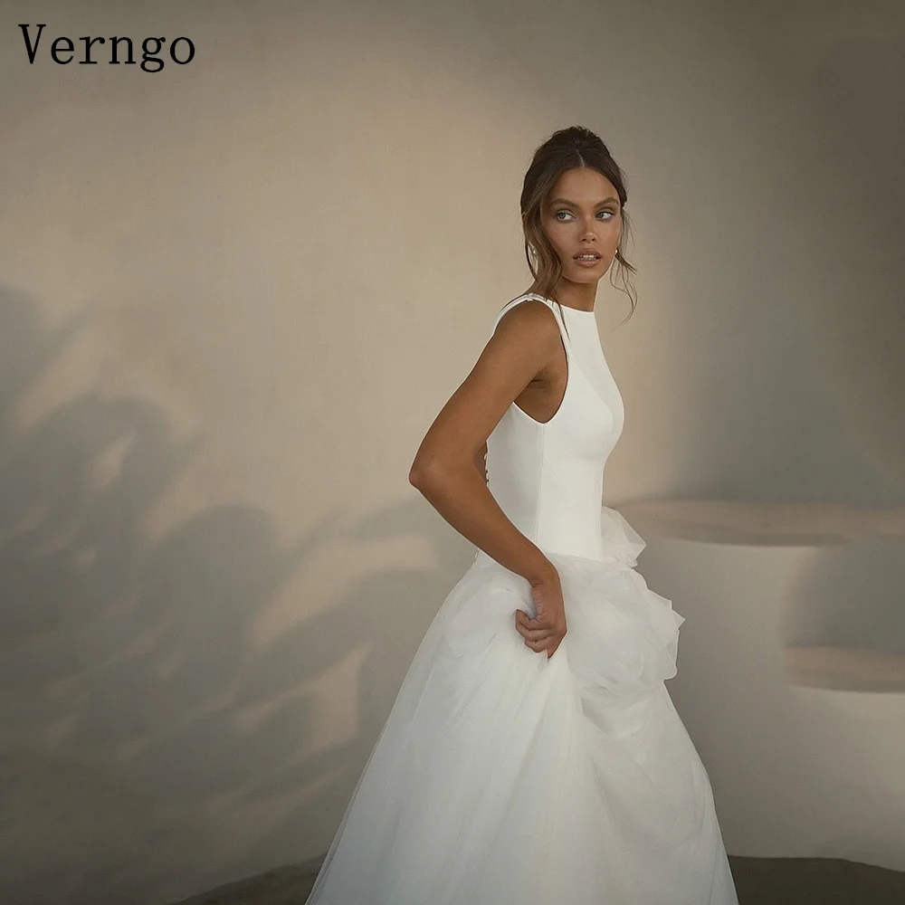 

Verngo Simple A Line Wedding Dress O Neck Sleeveless Backless Bride Gowns Women Elegant Prom Wedding Guest Gown Customized