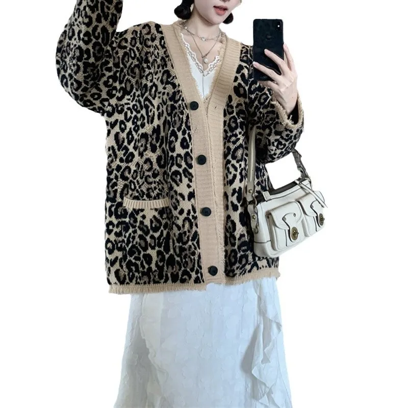 Kontrastowy sweter w panterkę Jesień i zima Nowy luźny dzianinowy kardigan z długim rękawem w leniwym stylu