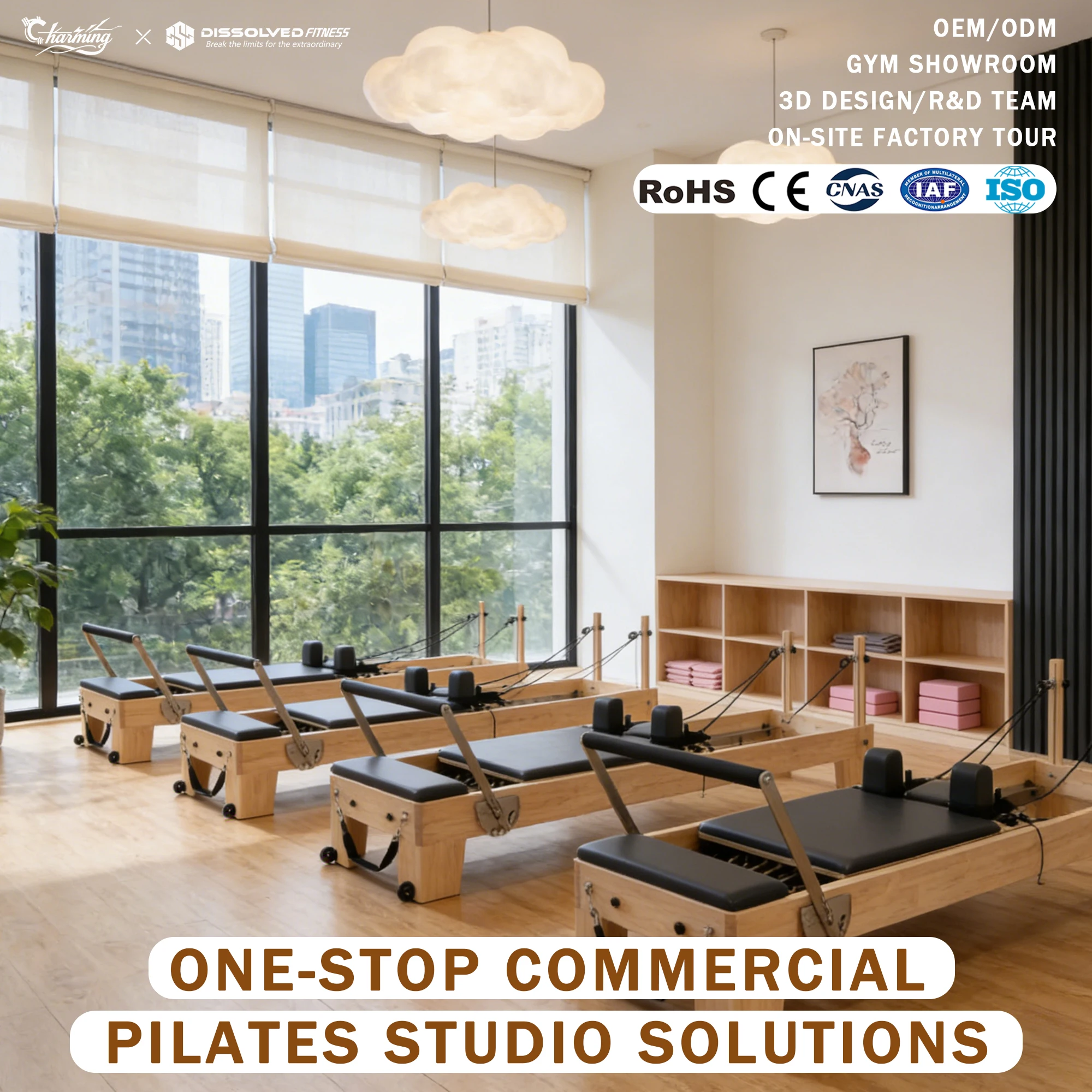 Equipo de Pilates Comercial para Estudio, Reformer de Madera con Logotipo Personalizado, Apto para Estudios de Yoga, Pilates y Gimnasios