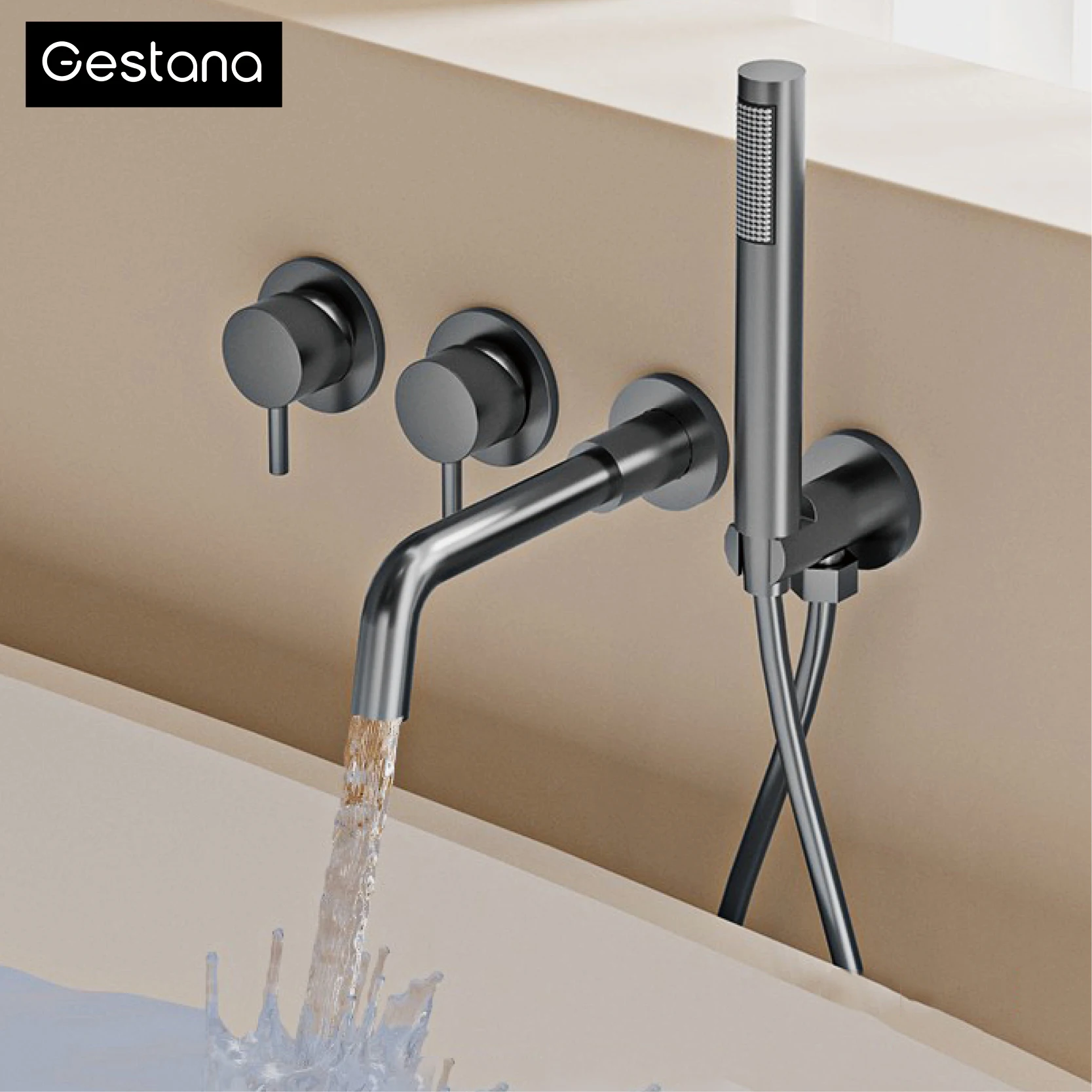 

Bathroom minimalist gun gray brass wall mounted bathtub faucet with dual handles for hot&cold water dual function shower mixer