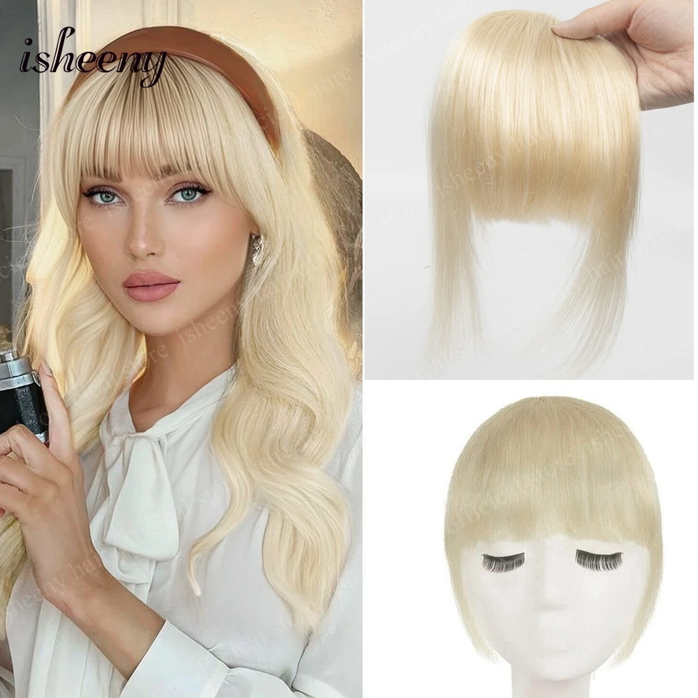 isheeny Natural Blunt Cut Blonde Bangs Real Human Hair Clip In Fringe Hairpieces Lightweight for Daily Style Wispy Fringe