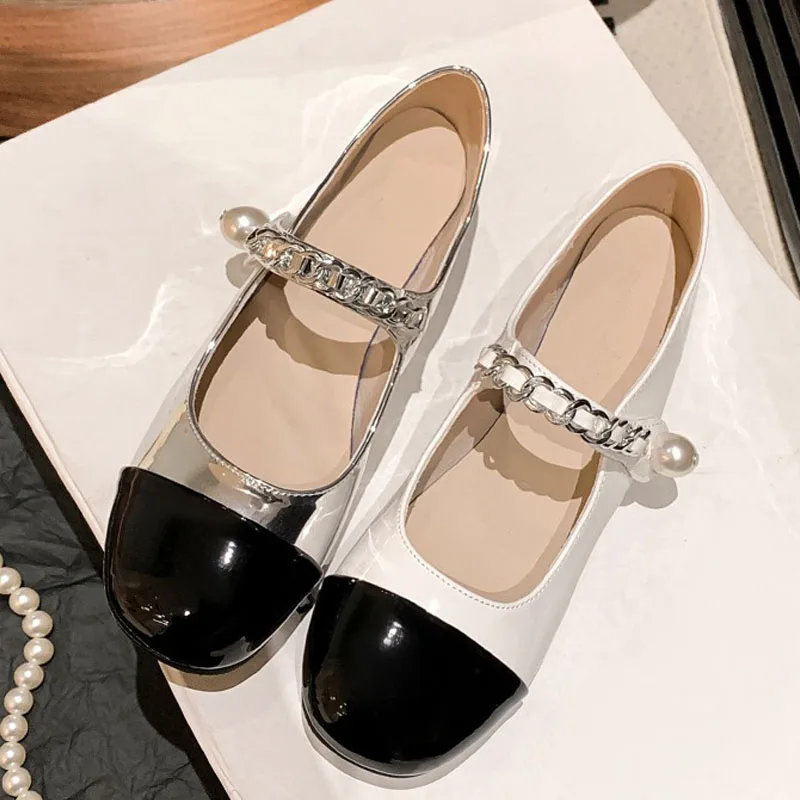 Women's Pearl Flat Shoes Metal Chain Design Mary Jane Women's Color Block Career Casual Ballet Shoes