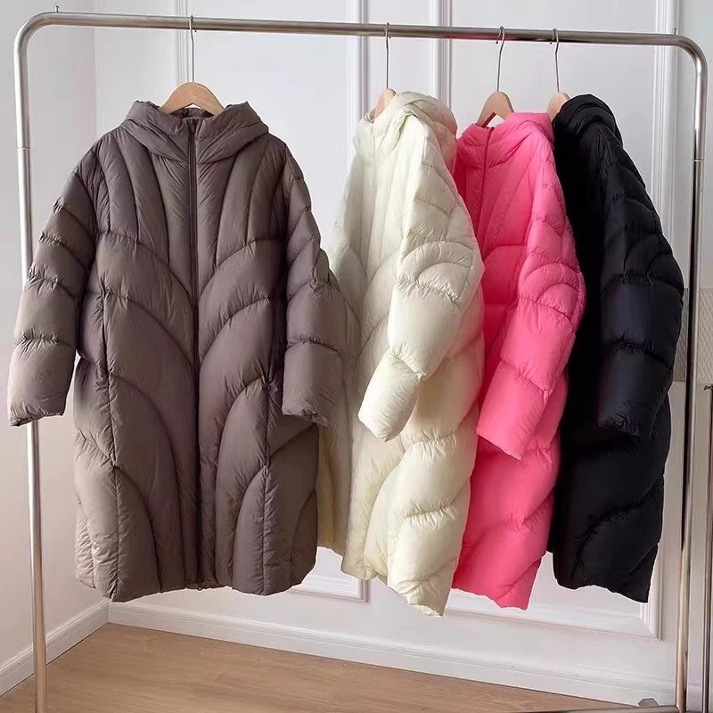 冬の新着女性の厚く暖かいミッドレングスフード付きダウンジャケット Y2K ファッションカジュアルルーズホワイトダックフェザー防風コート