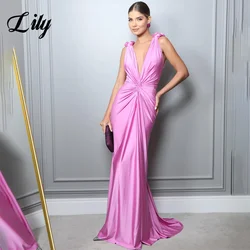 Lily Pink Mermaid Sexy Prom Dress Stain Pleat Celebrity Dresses Women's Evening Dress V Neck Spaghetti Strap Formal Gown 프롬 드레스