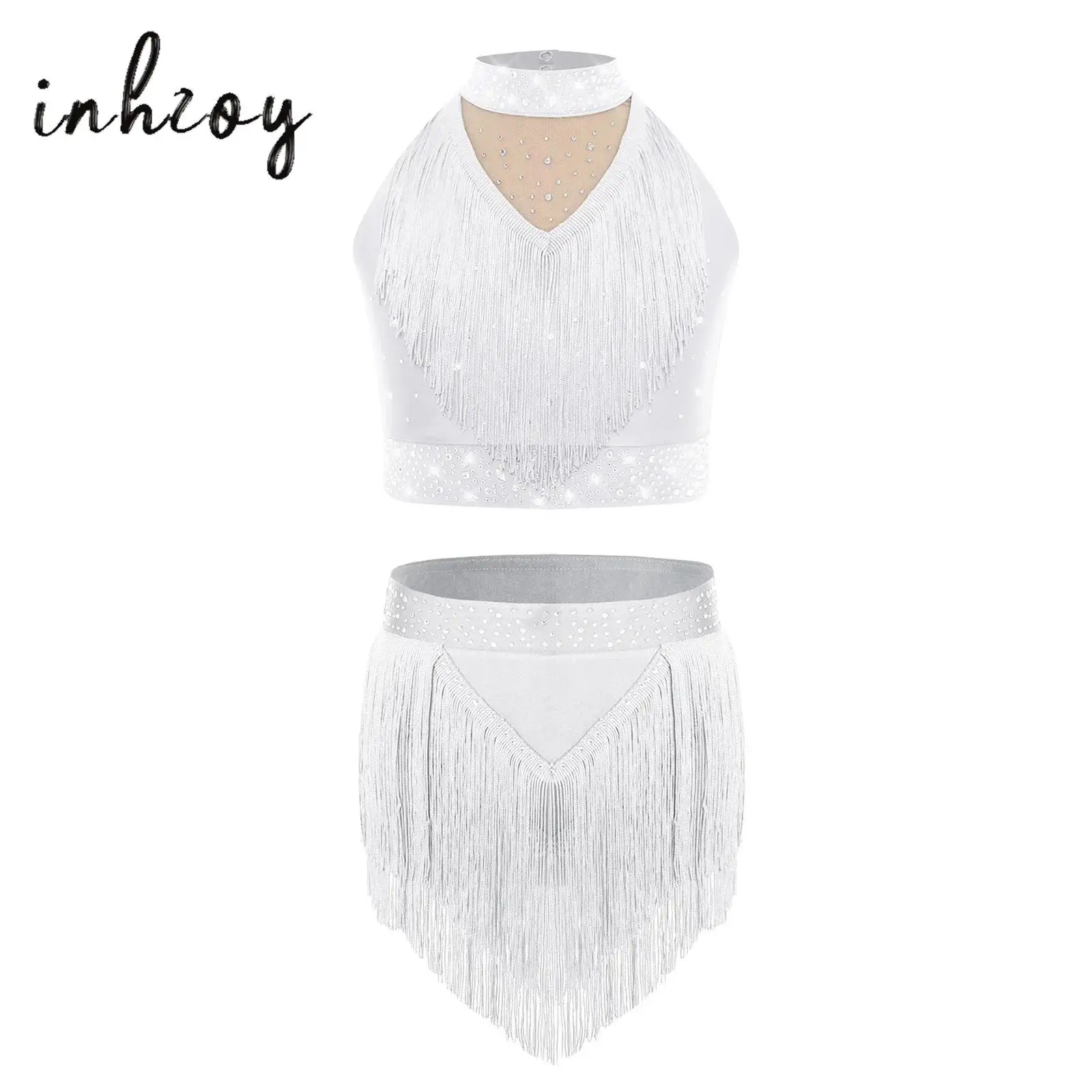 

Jazz Latin Dance Clothing Kids Girls Mock Neck Sleeveless Fringe Sparkly Rhinestones Vest Top+Tassels Skirt Tango Samba Cha-cha