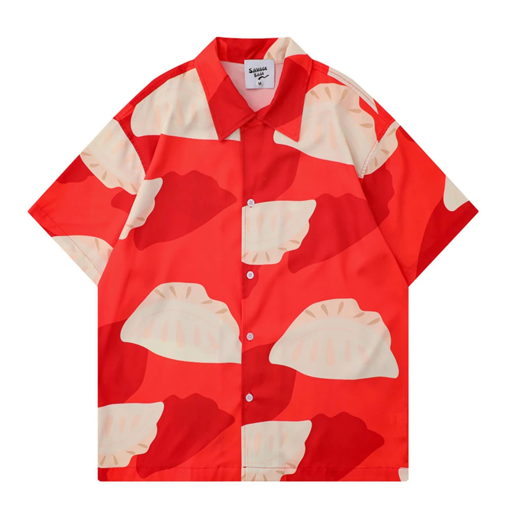 Camisa havaiana estampada completa de bolinho masculino, gola virada para baixo, azul, vermelho, verão