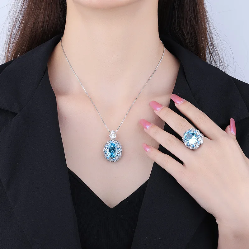 S925 Silver Plated 18K Gold Plated PT950 Platinum Fashion Jewelry Set Colorful Treasure Pendant Set Female Main Stone 12*16