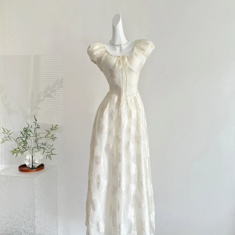 

Lilac Jasmine Jacquard French Bubble Sleeve Waist Dress Long Dress A-shaped Skirt Temperament Fashionable Comfortable Comfort
