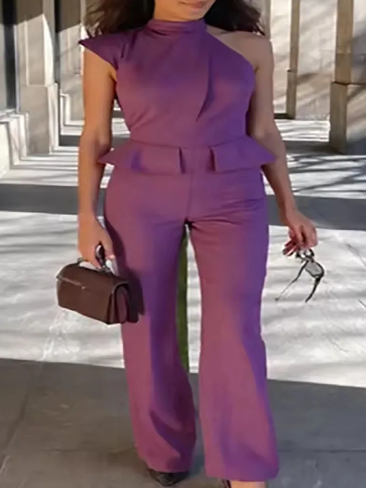 

Fashion O Neck Solid Slim Playsuit Romper Elegant Asymmetric Hollow Straight Jumpsuits Women's Summer Sleeveless Ruffle Overalls