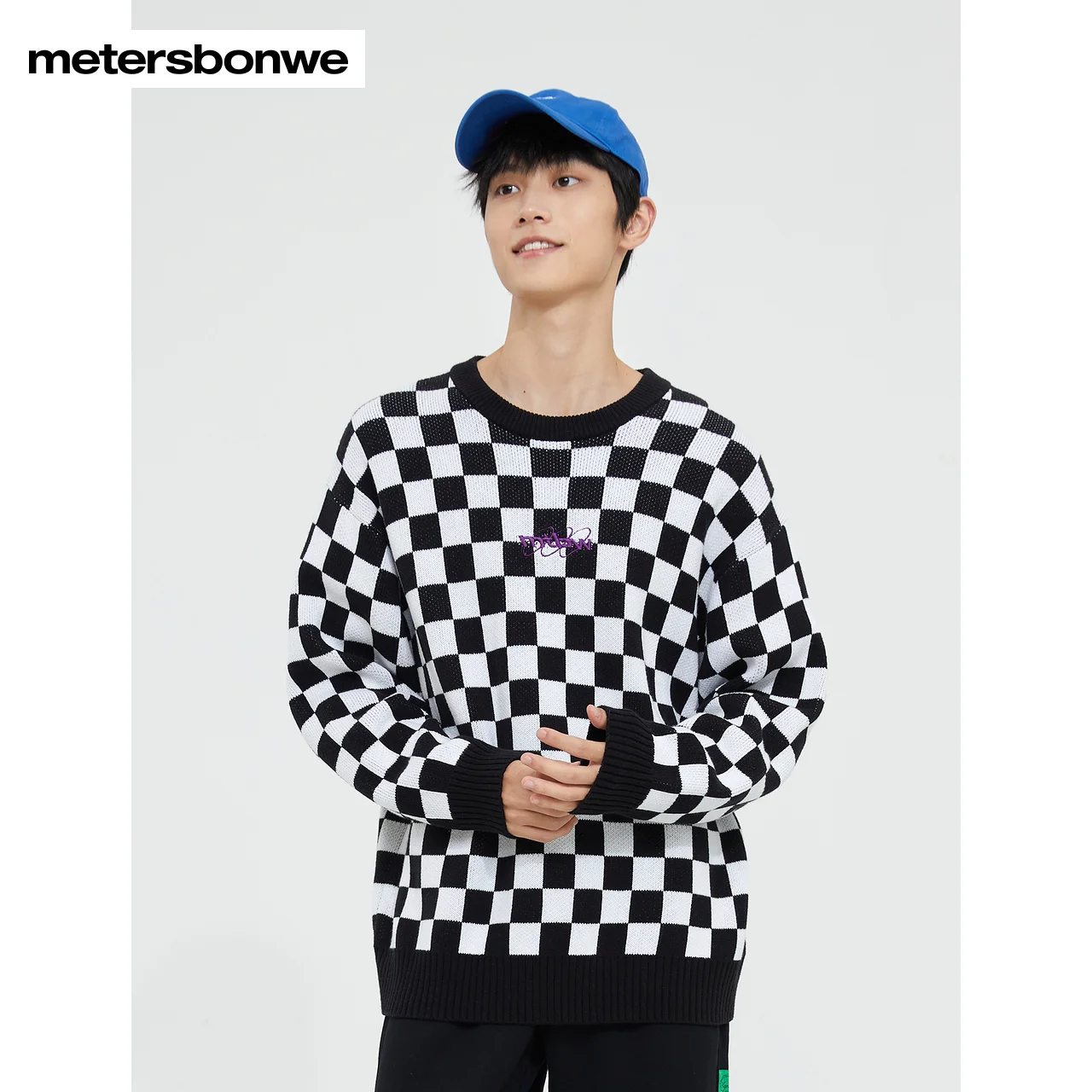 Metersbonwe-Men's Soft Loose Sweater Jumper Popular Checkerboard Elements Front Embroidered Pullover Trendy Versatile Winter