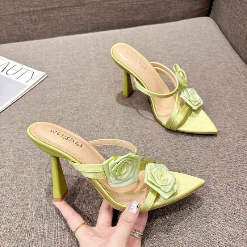 Xibeilove 2024 Summer New Women's Slippers Sexy Pointed Satin Flower High Heels Slippers Large Size Banquet Wedding Shoes