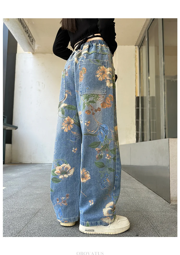 Designer-Jeans für Kinder im High-Street-Stil mit Blumenmuster für Mädchen, trendige Jeanshosen für Teenager, weite Jeanshosen mit Blumenmuster. – Detail 8