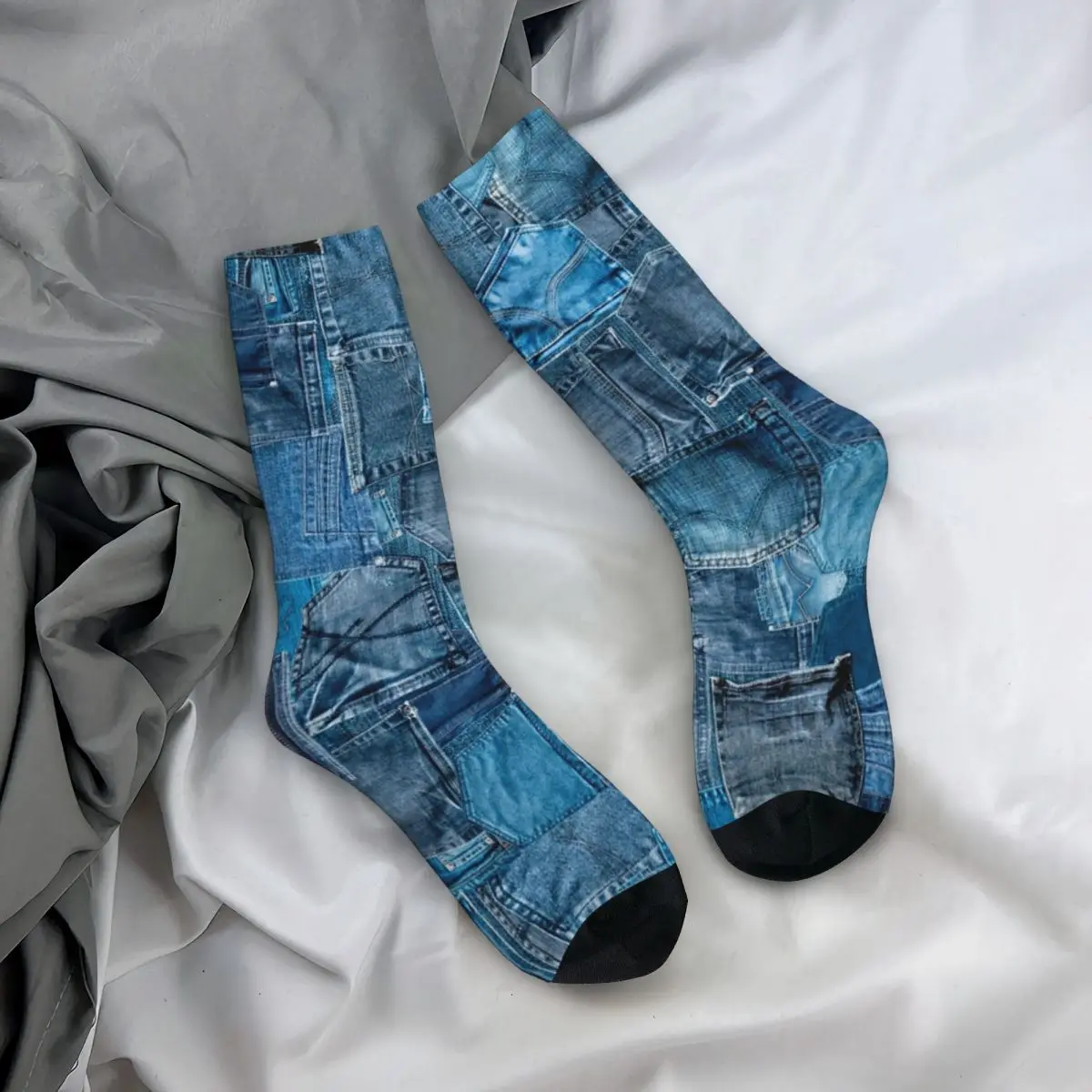 Autumn Winter Retro Unisex Blue Denim Jeans Pocket Patchwork Socks Non-slip Soccer Socks