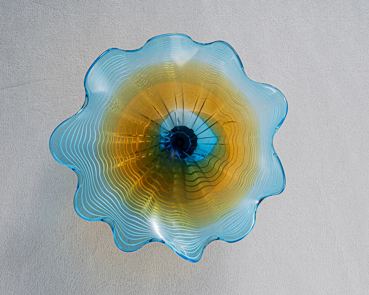 

Aqua Blue Plate Amber Shade Platter Murano Glass Wall Art Handcrafted Wall Mounted Flower Plate for Home Living Room D12"