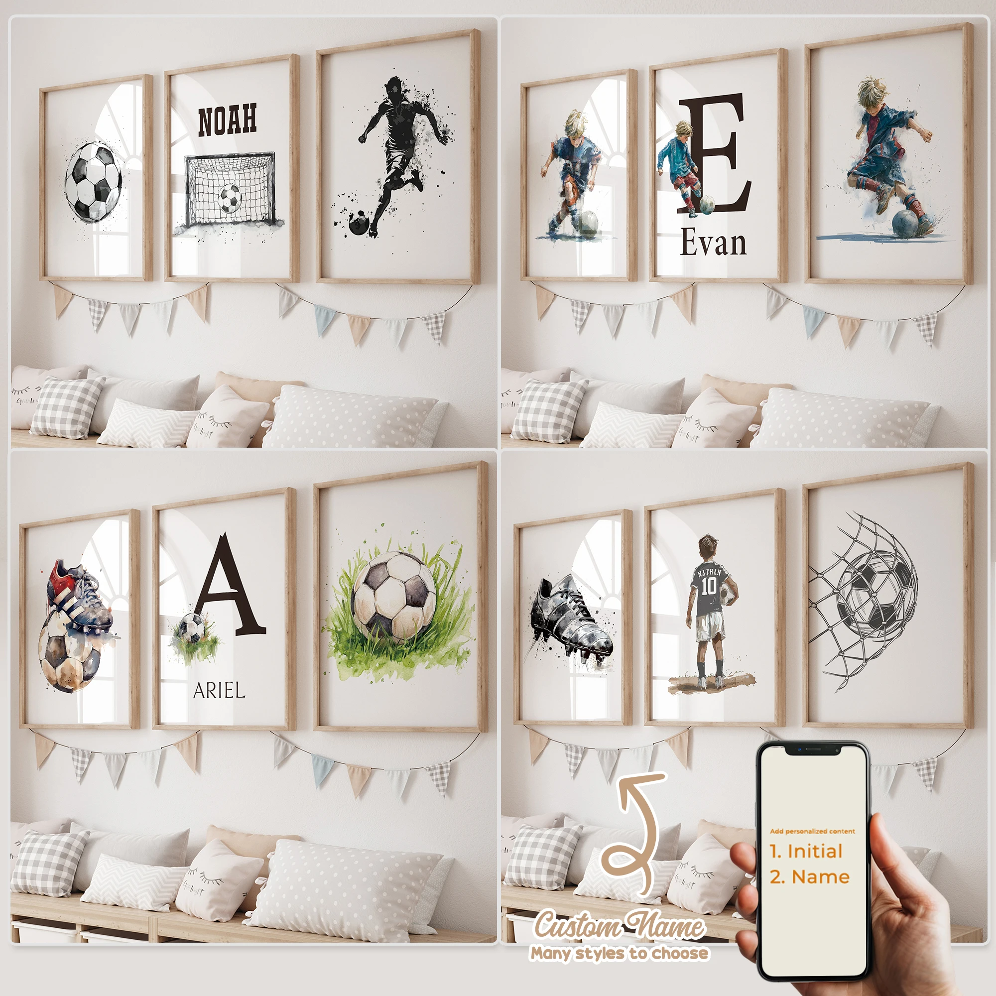 3pcs Personalized Custom Name Cartoon Football Wall Art Print Picture Canvas Poster Painting Living Room Home Decor