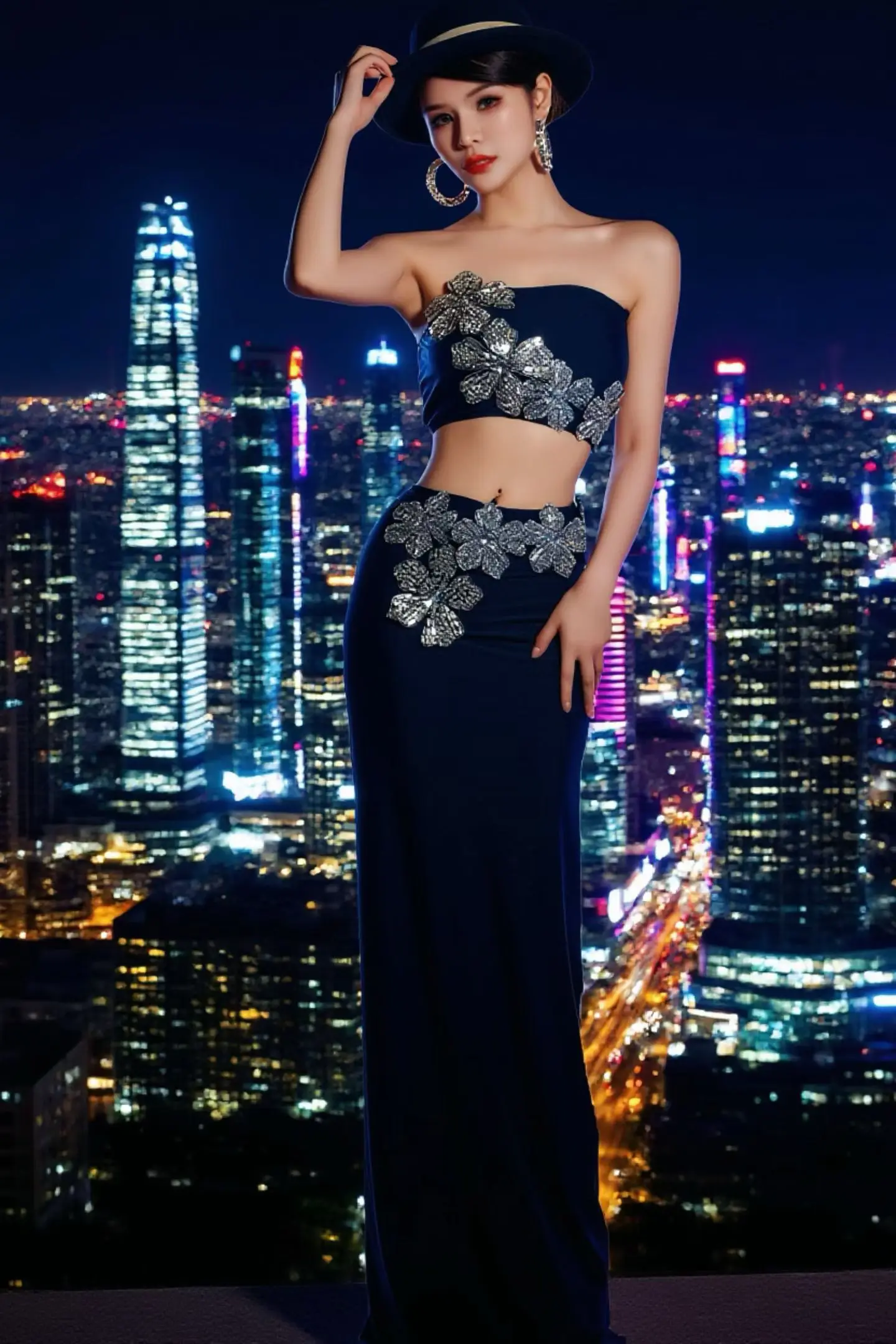 Yanhui Elegant Women Vest Strapless Hip Hugging Skirt Set Silver Flower Rhinestone Sexy Bar Baring Performance Dress Prom Gowns