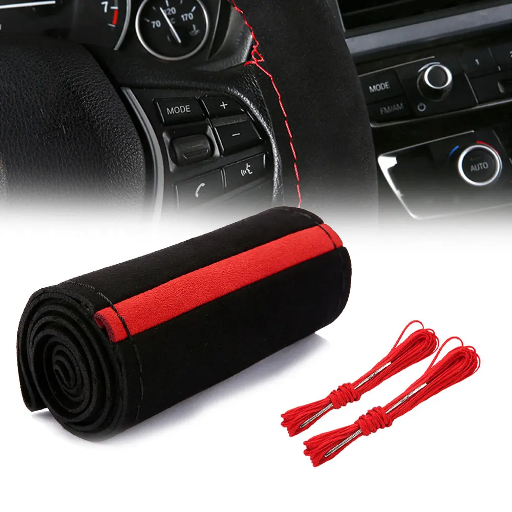 

38cm Four Seasons Universal Red Suede Material Sport Style Durable In Use Leather Braid Steering Wheel Cover Car Accessories