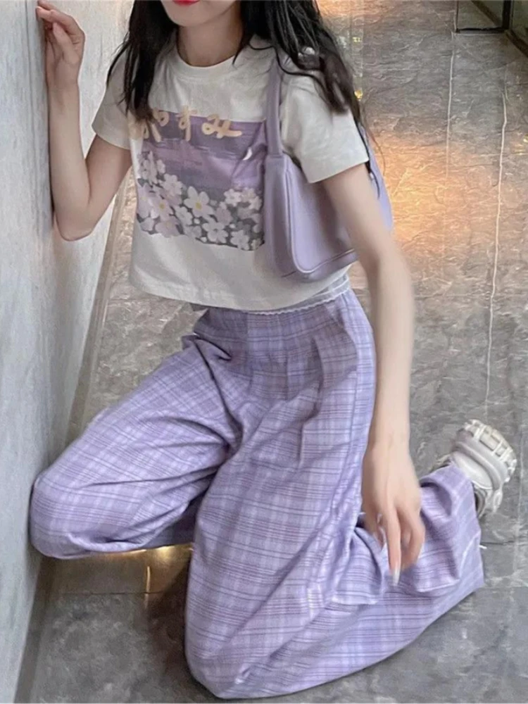 

Women's Pastel Purple Plaid Two-Piece Set-Wide Leg Pants & Floral Print Crop T-Shirt, Kawaii Japanese Streetwear Spring Summer