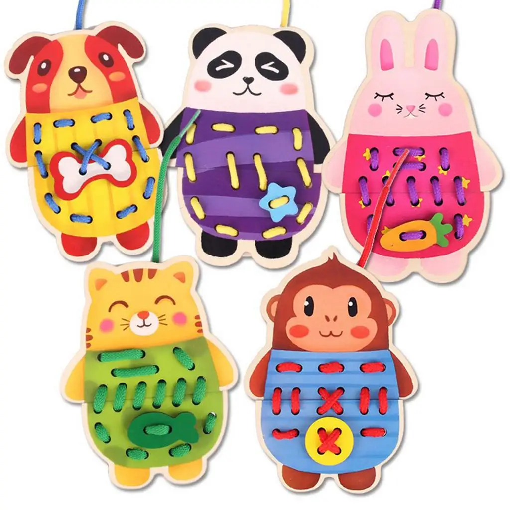 Montessori Wooden Threading Board Animal Lacing Educational Toy for Kids Basic Life Skills Toddler Gift
