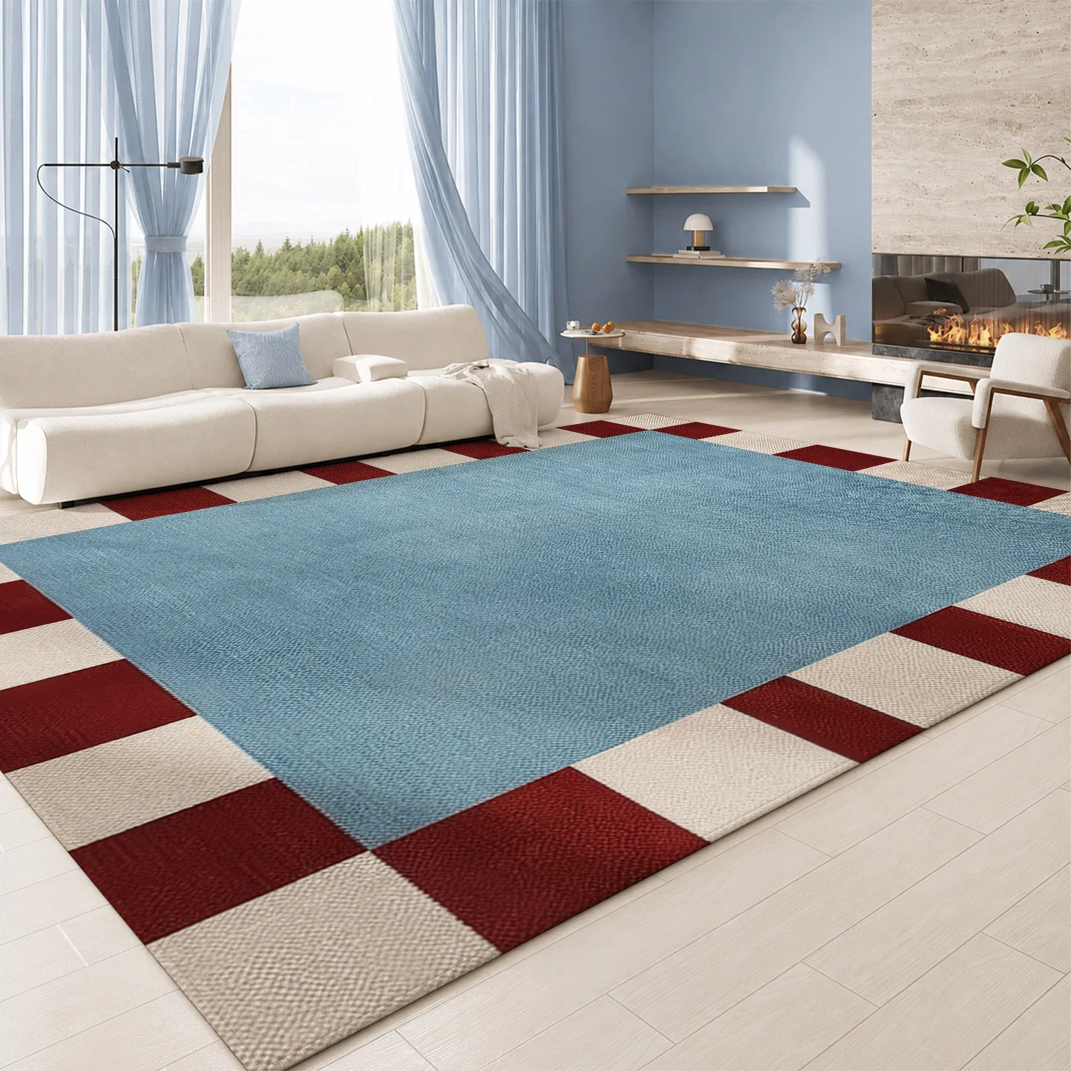 Large Indoor Area Rug Soft Velvet Low Pile Non-slip Dotted Backing Machine Washable Light Blue & Red Geometric Stripe Pattern Rug for Living Room Bedroom