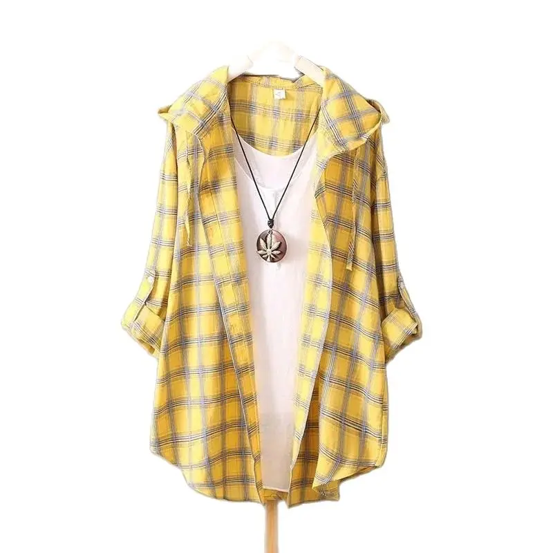 Fashion Sun-Proof Hooded 2024 Cotton Spring And Summer Women\'s Plaid Shirt Top-Grade Loose Coat Shirt Women