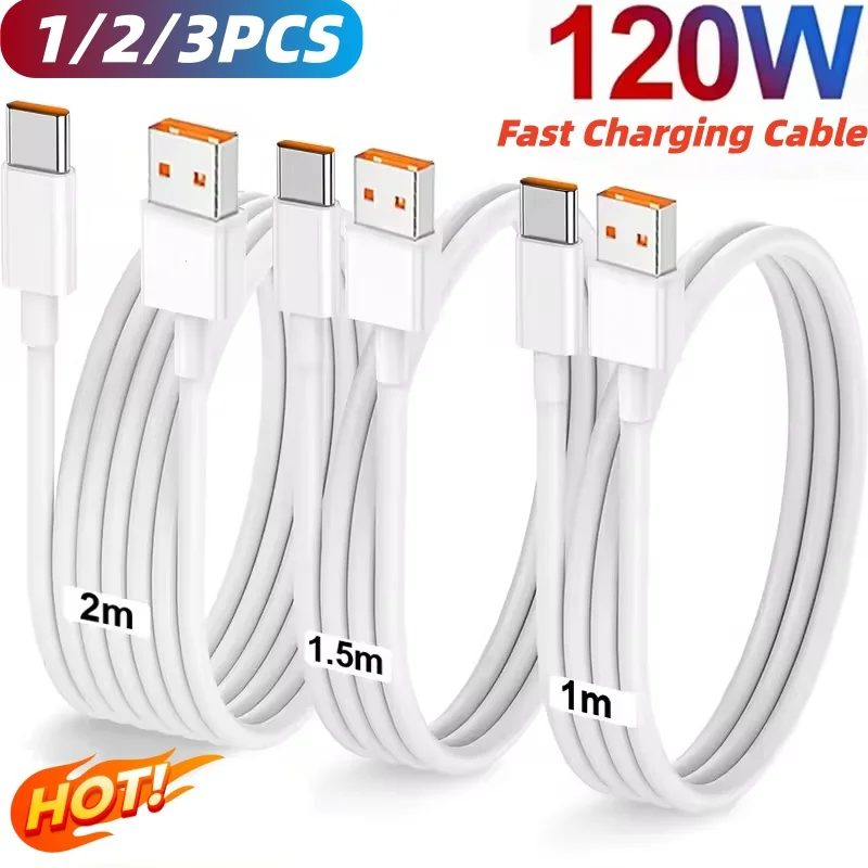 1/2/3PCS Quick Charging Cable 120W 10A USB A Type C Fast Charger High-speed Data Transfer Wire Cords For Samsung Xiaomi Huawei