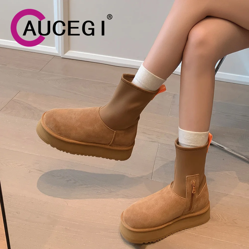 

Aucegi Women Cow Suede Patchwork Stretch Fabric Round Toe Ankle Boots 2024 Ladies Zipper Trendy Winter Warm Handmade Shoes