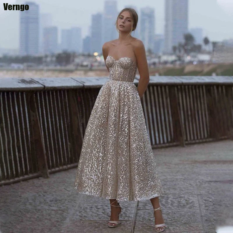 

Verngo Glitter Prom Dresses A-Line Sweetheart Sequin Sleeveless Evening Gowns Tea-Length Formal Party Gowns Robes De Soirée