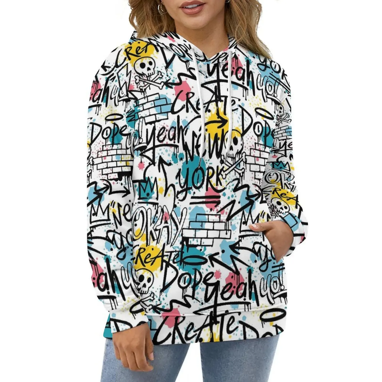 

Graffiti Design Hoodies Letter Print Street Wear Oversized Pullover Hoodie Women Long-Sleeve Aesthetic Casual Hooded Sweatshirts