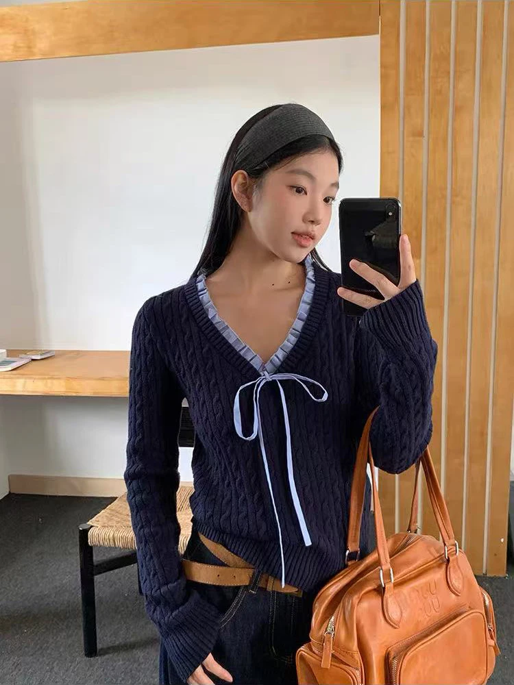 Sweet Bow Knit Sweater for Women Korean Chic Lace Up Long Sleeve Patchwork Slim Pullovers Autumn Winter All Match Jumper Mujer
