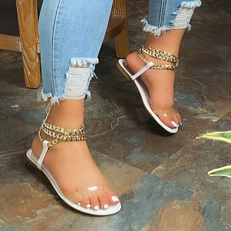 Comemore 2023 Summer New Flat Sandals Fashion Solid Color Chain Open Toe Outdoor Women\'s Shoes Plus Size 43 Metal Chain Sandal