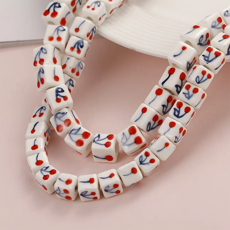 10pcs Hand Painted Cherry Square Shape Ceramic Beads 8x8mm 10x10mm Loose Spacer DIY Bead For Jewelry Making Accessories