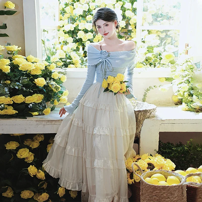 

French Style Spring Autumn Women 2 Pcs Set Slash Neck Blue Crop Top+High Waist Layered Ruffles Midi Skirt Elegant Feminine Suits