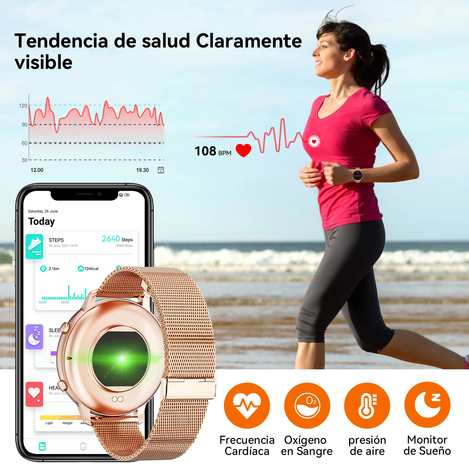 Reloj Inteligente Mujer Oro Rosa Lujo Pantalla Redonda 1.39" Llamada Bluetooth IP67 Resistente al Agua Monitor Ritmo Cardíaco SpO2 Sueño Reloj Fitness Elegante Regalo para iOS Android