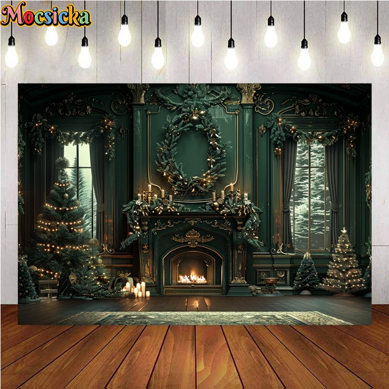 Mocsicka-خلفية تصوير شتوية لعيد الميلاد ، موضوع أخضر ، مدفأة ، حفلة عطلة ، صورة عائلية ، خلفيات صور ، استوديو